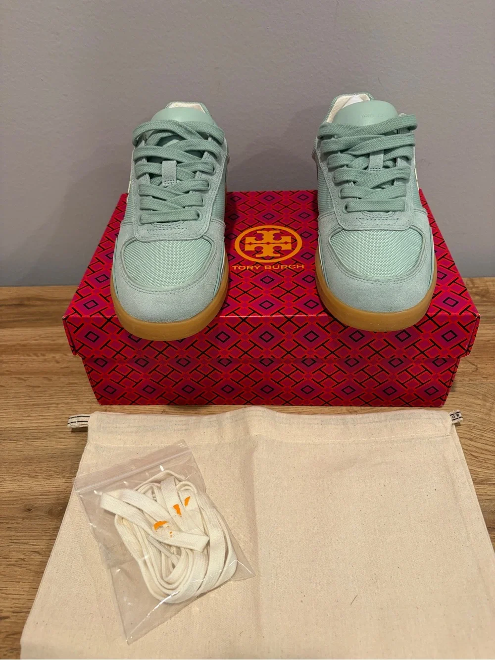 Tory Burch Mint Green Low-Top Sneakers with Gum Outsole